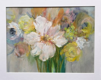 White Floral Bouquet; Acrylic Abstract Flower Painting