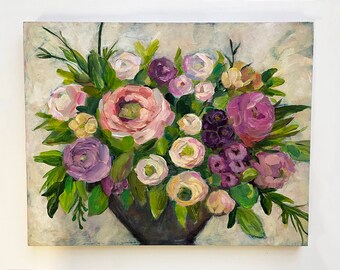 English Rose Bouquet, Mixed Media Floral, Roses Flower Painting