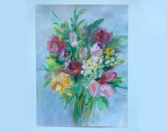 Spring Abstract Bouquet; Large Floral Painting on Paper