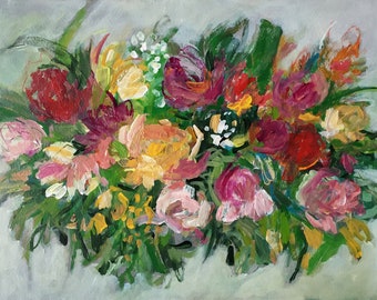 Rose & Poppy Bouquet; Acrylic Abstract Floral Painting