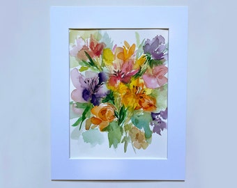 Alstroemeria and Rose Bouquet; Watercolor Flower Painting