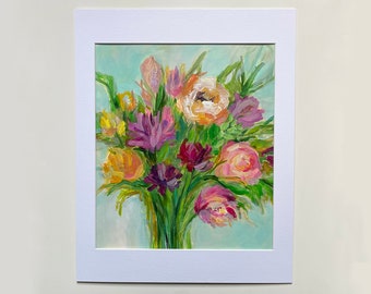 Abstract Peony Rose Bouquet; Mixed Media Flower Painting