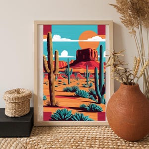 Desert Cactus Wall Art Print – Retro Southwestern Landscape Digital Download – Bold Colorful Desert Poster – Boho Western Home Decor