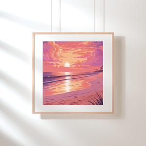 Tropical Sunset Digital Wall Art - Pink Orange Beach Landscape Poster, Coastal Minimalist Print, Ocean Sunset Digital Download