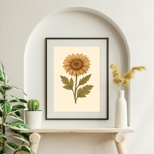 impression botanique tournesol vintage - art mural floral minimaliste - téléchargement numérique - affiche d&#39;illustration de la nature rustique pour la décoration intérieure