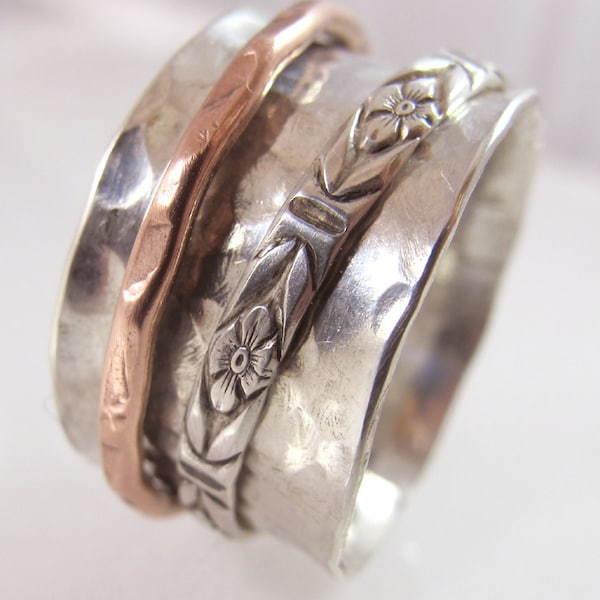 Forged Sterling Silver  and Copper Anticlastic Spinning Ring MADE TO ORDER