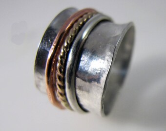 Forged Sterling Silver Copper and Gold Filled Spinner Ring Made Your Size To Order