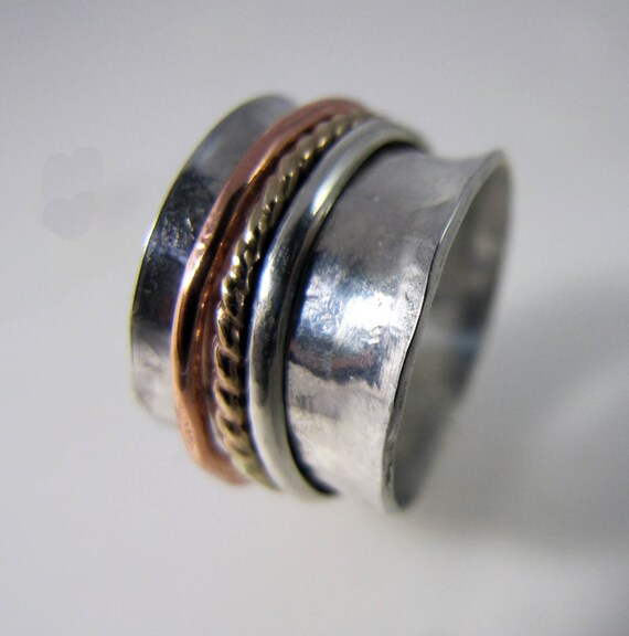 Forged Sterling Silver Copper and Gold Filled Spinner Ring Made Your Size To Order