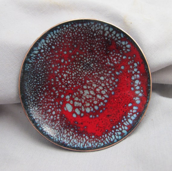 Copper Enamel Ring and Trinket Bowl Warm Red and Aqua