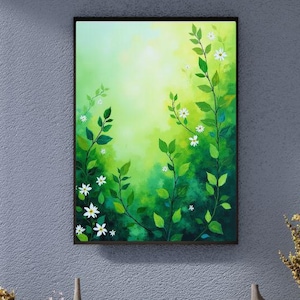 Arte mural de hojas verdes en acuarela - Arte de hojas y ramas - Lienzo botánico SVJ - Diseño de arte mural moderno - Descarga digital 1