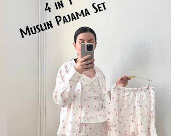 Mousseline pyjamaset: katoenen nachtkleding met short en broek - roze hartprint
