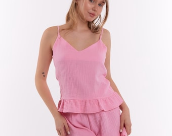 Rosa Pyjama Set mit Rüschen: Handgemachte Sommer Loungewear