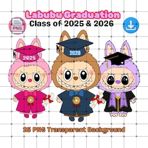 Labubu Graduation Clipart PNG Bundle: Kawaii Monster Designs (Digital Download, Pack of 25) PNG