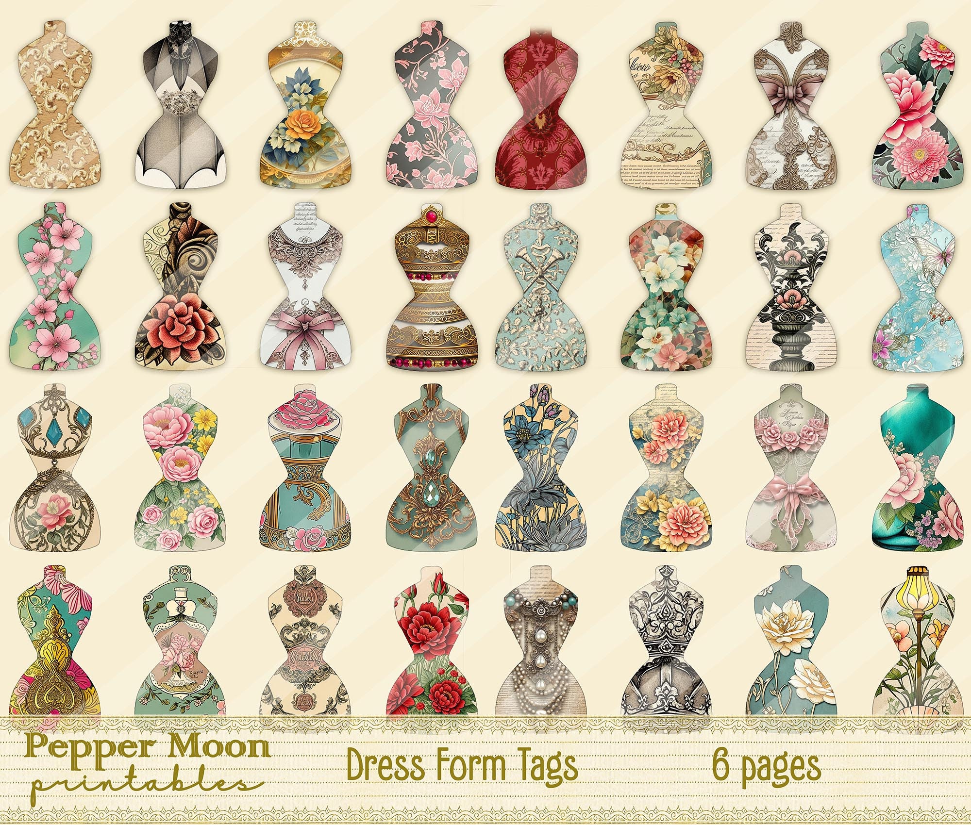 Dress Form Tags, Printable Ephemera, Digital Papers, Instant Download ...