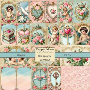 Pink Valentine Journal Kit, 18 Journal pages, Valentine&#39;s Day Journal, Digital Papers, Instant Download, Printables