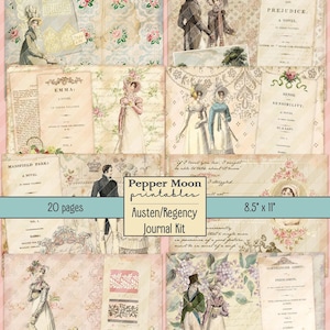 May include: A collection of vintage paper ephemera with illustrations of Regency-era figures, floral designs, and book covers. The text includes "Pride and Prejudice," "Emma," and "Austen/Regency Journal Kit." The paper measures 8.5" x 11".