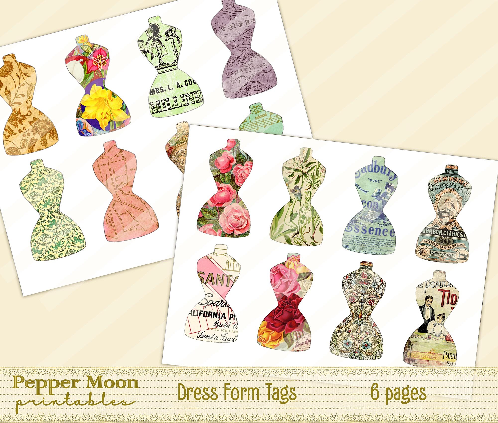 Dress Form Tags, Printable Ephemera, Digital Papers, Instant Download ...