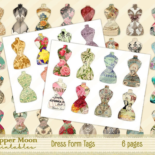 Dress form Tags, Printable Ephemera, Digital Papers, Instant Download, Journal Printables, Vintage fashion