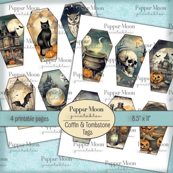 Halloween Coffin and Tombstone shaped Tags, Digital Papers for Junk Journals, Instant Download, Printables