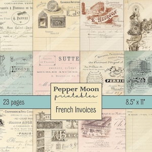 French Invoices, Antique Digital Papers, journal pages, Instant Download, Printable papers