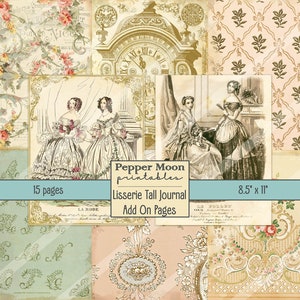 Könnte beinhalten: Eine Collage aus 15 druckbaren Seiten für ein hohes Journal. Die Seiten zeigen Vintage-Illustrationen von Frauen in Kleidern, Blumenmustern und einem Zifferblatt. Der Text "Pepper Moon Printables Lisserie Tall Journal Add On Pages 8.5" x 11" ist auf einem blauen Banner gedruckt.