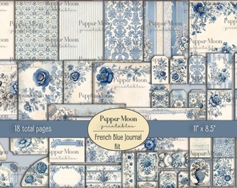 French Blue Journal Kit, 18 Journal pages, Floral Journal, Landscape Digital Papers, Instant Download, Printables