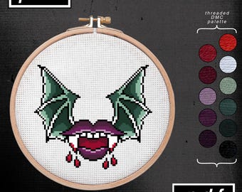American Traditional Tattoo Flash Inspired Vampire Fangs Lips Cross Stitch Pattern