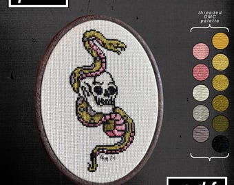 American Traditional Tattoo Flash Inspired Snake and Skull Cross Stitch Pattern