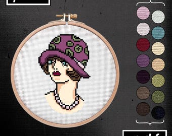 Cloche Hat Lady Cross Stitch Pattern: American Traditional Tattoo Flash (PDF)