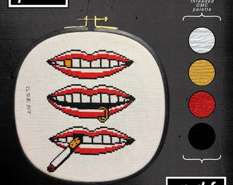 American Traditional Tattoo Flash Inspired Smiling Lips Cross Stitch Pattern