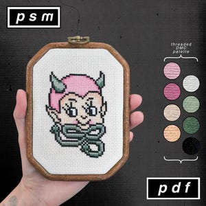 American Traditional Tattoo Flash Inspired Pink Devil Kewpie Head Cross Stitch Pattern image 1