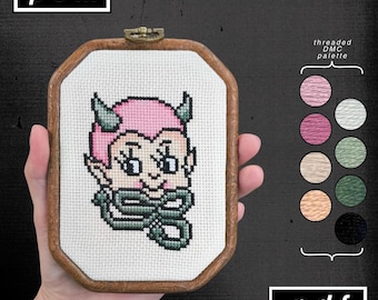 American Traditional Tattoo Flash Inspired Pink Devil Kewpie Head Cross Stitch Pattern