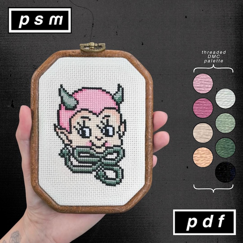 American Traditional Tattoo Flash Inspired Pink Devil Kewpie Head Cross Stitch Pattern image 1