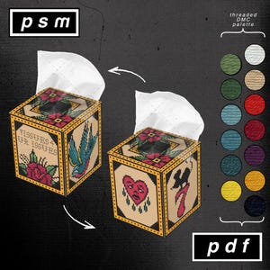 May include: Two tissue box covers with a tattoo-inspired design. One features a swallow and a rose, the other a heart with tears and the number 7. The boxes have the text "Tissues 4 Ur Issues". A DMC palette is shown.