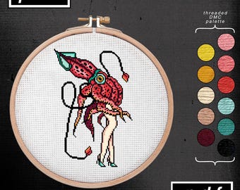 American Traditional Tattoo Flash Inspired Squid Lady Cross Stitch Pattern