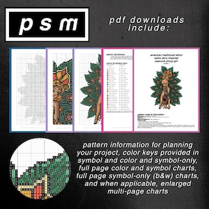 Op de afbeelding: Digitale download van kruissteekpatronen. De afbeelding bevat een logo, de tekst "pdf downloads include:" en verschillende pagina's met kruissteekdiagrammen en patrooninformatie. De patronen tonen een pauw pin-up girl.