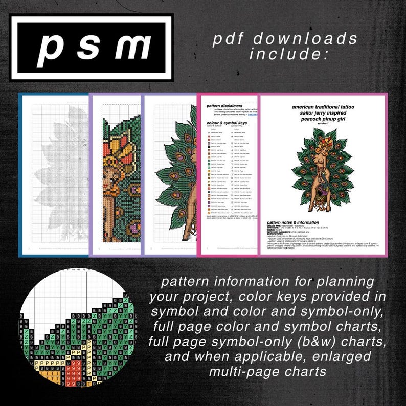 Op de afbeelding: Digitale download van kruissteekpatronen. De afbeelding bevat een logo, de tekst "pdf downloads include:" en verschillende pagina's met kruissteekdiagrammen en patrooninformatie. De patronen tonen een pauw pin-up girl.