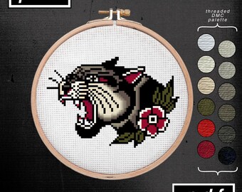 American Traditional Tattoo Flash Inspired Panther Cross Stitch Pattern