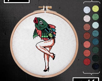American Traditional Tattoo Flash Inspired Fish Lady Cross Stitch Pattern