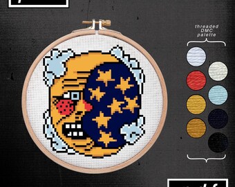 Amerikaanse traditionele tattoo-flitser op Dan Higgs geïnspireerd kruissteekpatroon maanman