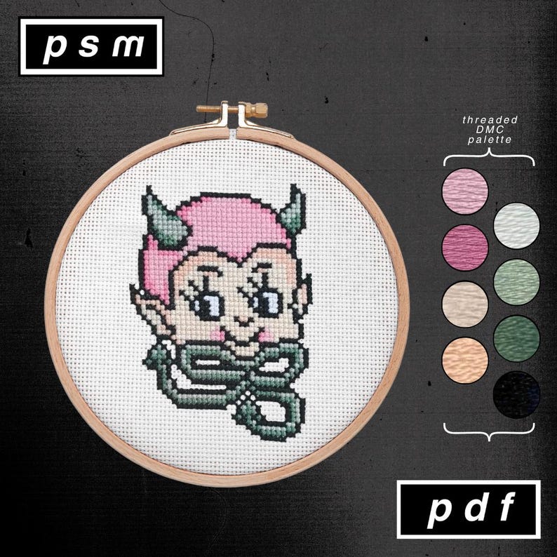 American Traditional Tattoo Flash Inspired Pink Devil Kewpie Head Cross Stitch Pattern image 2