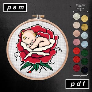 American Traditional Tattoo Flash Mike Malone Inspired Sleeping Kewpie in Rose Cross Stitch Pattern