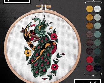 American Traditional Tattoo Flash Sailor Jerry Inspired Peacock and Snake Scene Cross Stitch Pattern
