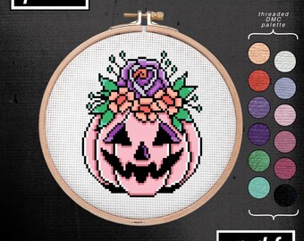 American Traditional Tattoo Flash Pink Vintage Pumpkin Bouquet Cross Stitch Pattern