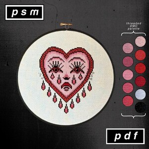 American Traditional Tattoo Flash Bert Grimm Inspired Monochrome Pink Crying Heart Cross Stitch Pattern