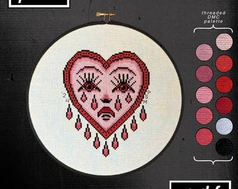 American Traditionelle Tattoo Flash Bert Grimm Inspiriert Monochrome Pink Crying Heart Kreuzstich Muster