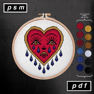 American Traditional Tattoo Flash Bert Grimm Inspired Crying Heart Cross Stitch Pattern