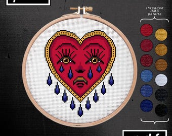 Amerikanisches Traditionelles Tattoo Flash Bert Grimm inspiriertes weinendes Herz Kreuzstich Muster
