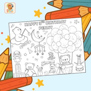 Editable Teddy Bear Birthday Coloring Placemat DIGITAL | Personalized Baby Shower Favor | Toddler Activity | EDITABLE Printable Download