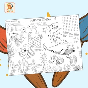 Editable Ocean Animals Birthday Coloring Placemat DIGITAL | Sea Life Party Activity Sheet | Kids Coloring Page | Printable File Download
